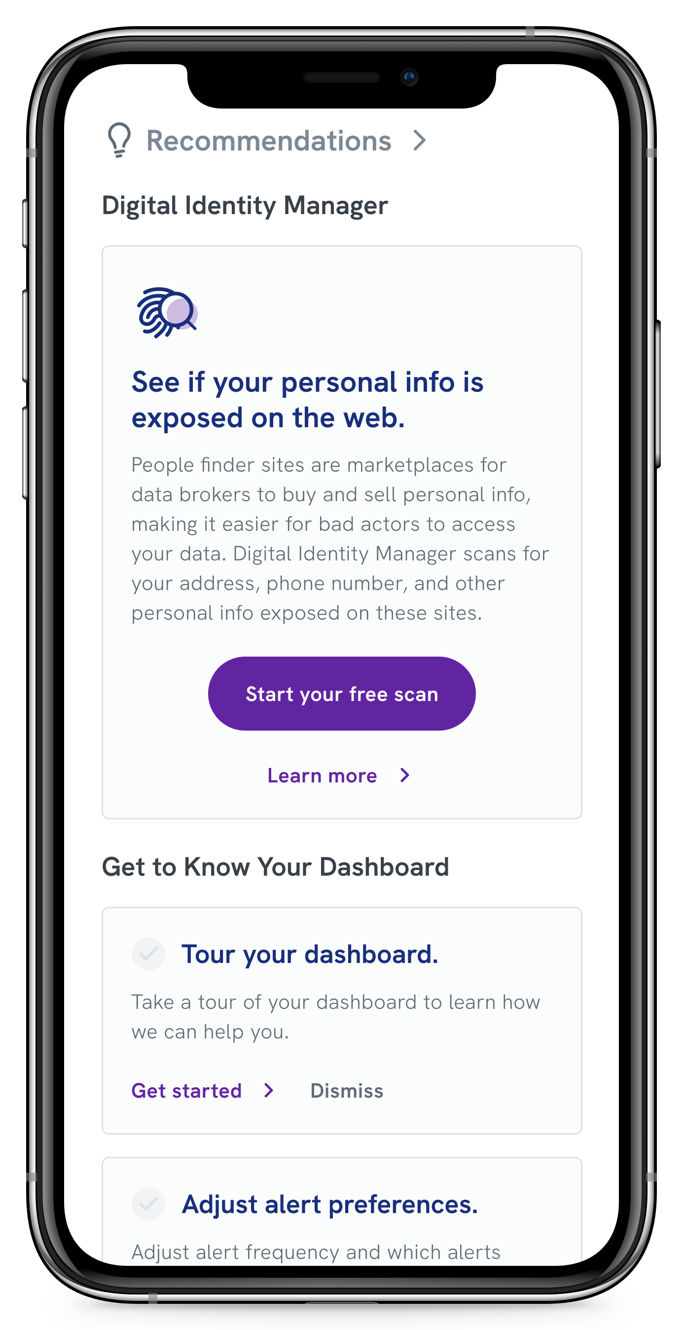 Dashboard right rail card with free scan call to action