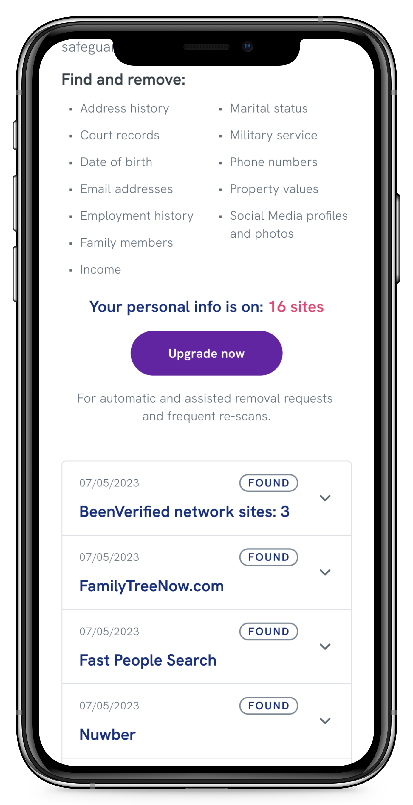 Free scan results with upgrade call to action