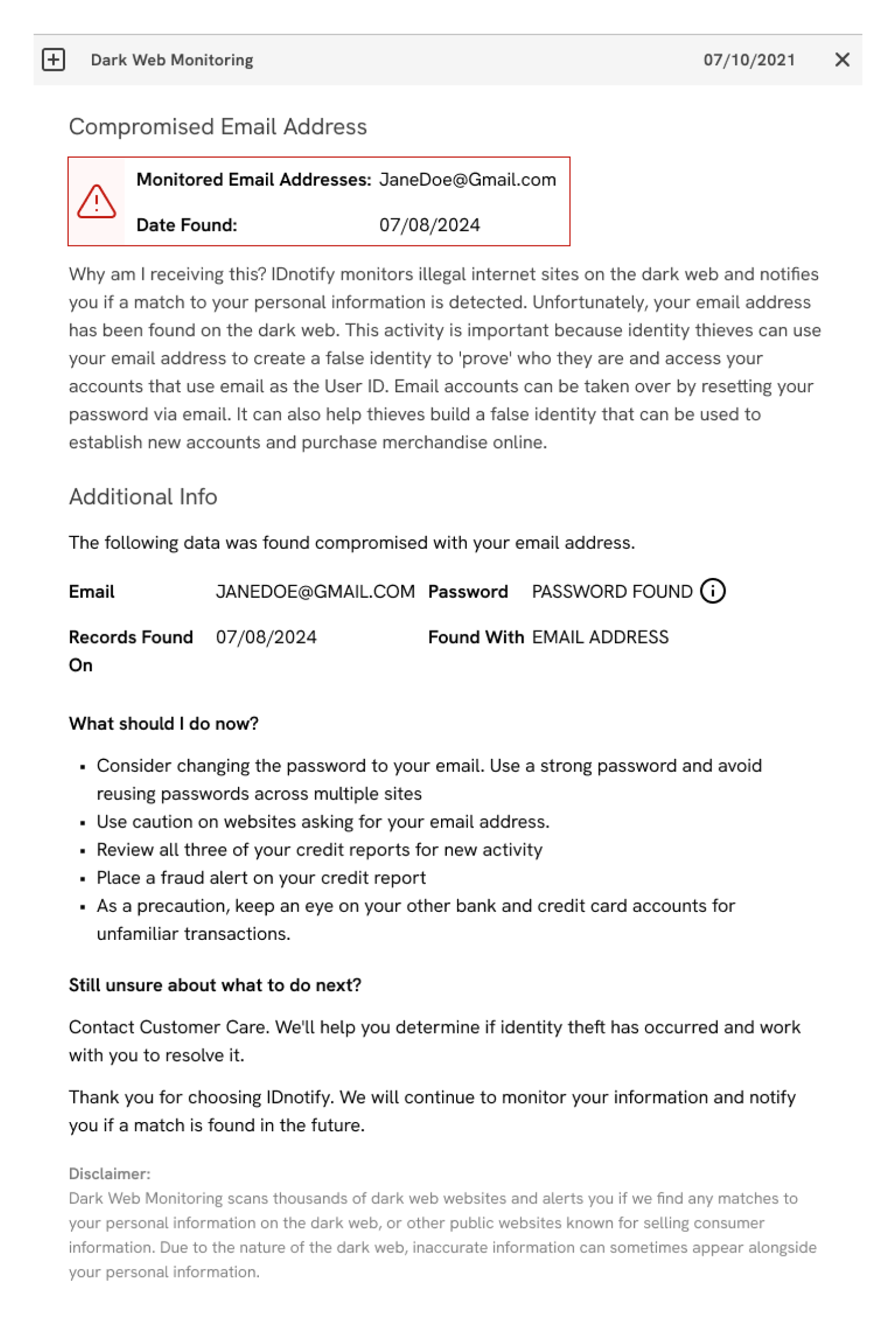Original CyberAgent Dark Web alert UI